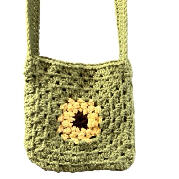 Handmade crochet Sage Green with Yellow Flower Open Knit Boho Festival Crossbody - Picture 1 of 4